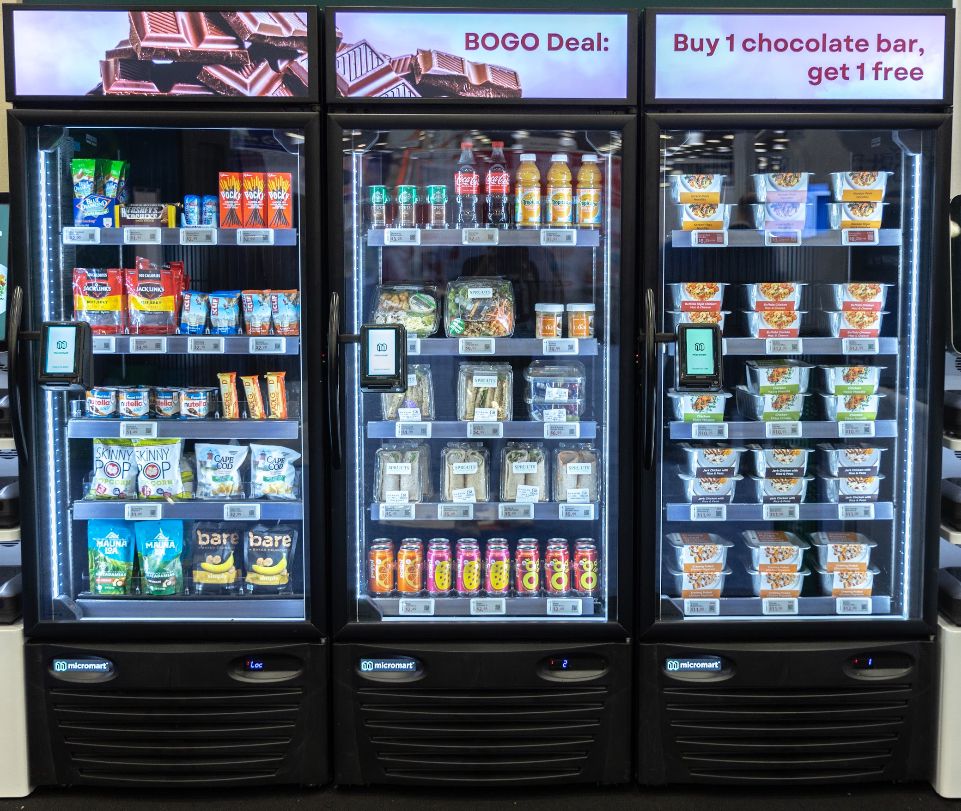 Three-door micro market with drinks, fresh food, and grab-and-go items
